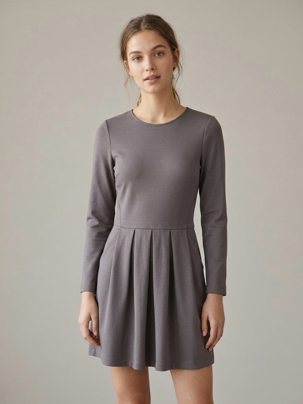 Aritzia Sunday Best Tartine Dress Gray Pleated Fit & Flare Long Sleeve Size 8